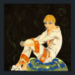 Póster Vintage Art Deco Woman, Smoking by S. Chompre<br><div class="desc">Imagen de la vida cotidiana del ilustracion vintage Art deco que presenta a una señora elegante sentada y relajada mientras fuma un cigarrillo. Está tumbada en pijamas y zapatillas borrosas. Art Deco de S. Chompre.</div>