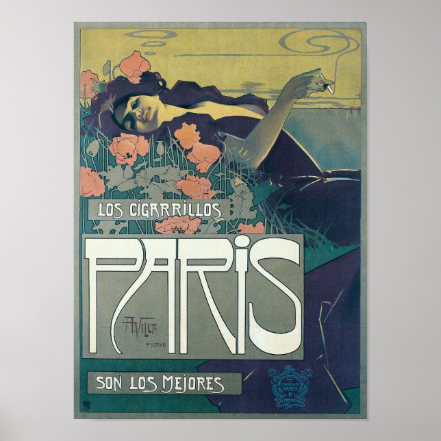 Póster Vintage Art Nouveau 1901 Cigarrillos Paris Ad (Frente)