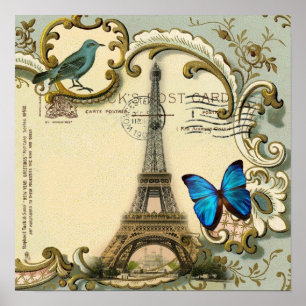 Póster vintage art nouveau blue swirls paris eiffel tower