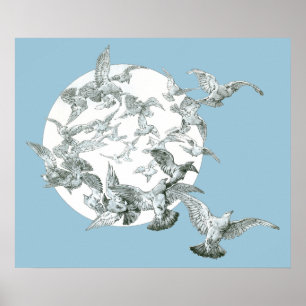 Póster Vintage Art Nouveau Flock de aves con luna llena