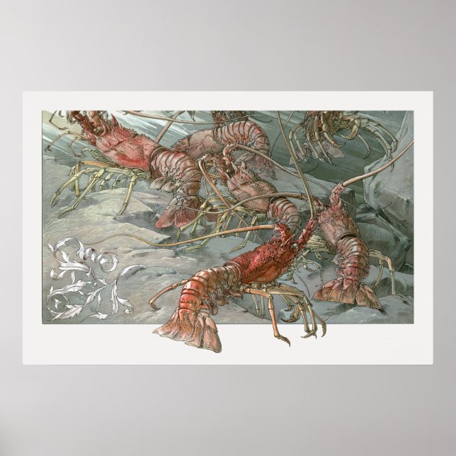 Póster Vintage Art Nouveau, Lobsters in the Ocean (Frente)