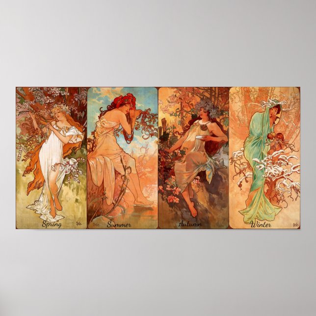 Póster Vintage Art Nouveau Seasons Cuatro Bellezas (Frente)