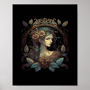 Póster Vintage Art Nouveau Whimsigoth Woman In Verde azul