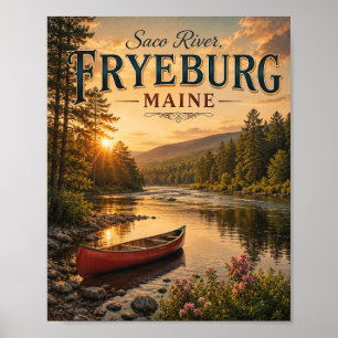 Póster vintage atardecer río Saco Fryeburg Maine