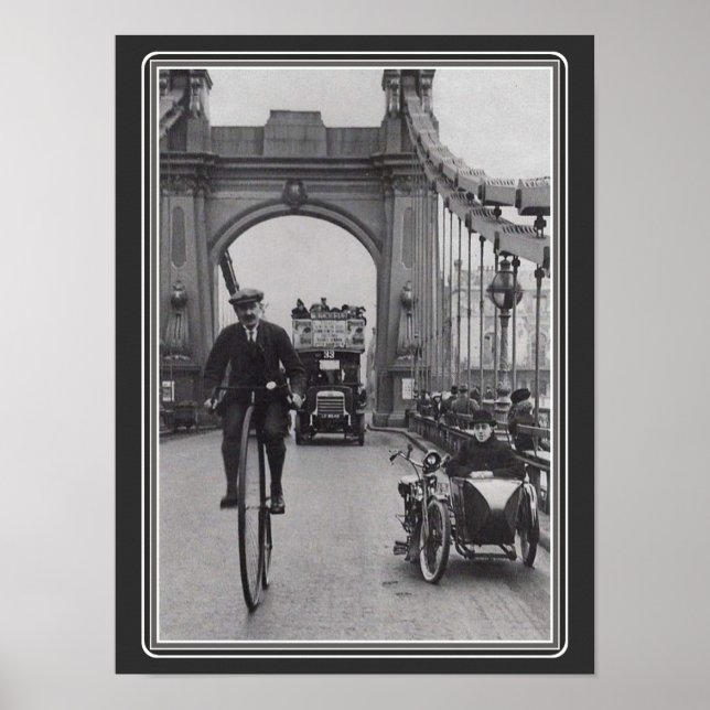 Póster Vintage B&W Penny Farthing / Puente Hammersmith (Frente)