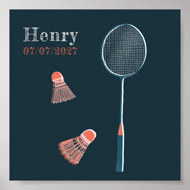 Póster Vintage Badminton PERSONALIZADO NOMBRE DE BEBÉ BIR (Frente)