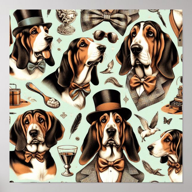 Póster Vintage Basset Hound Seamless (Frente)