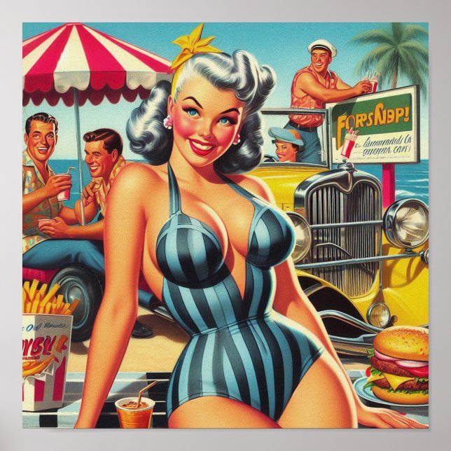 Póster Vintage Beach Pin-up (Frente)