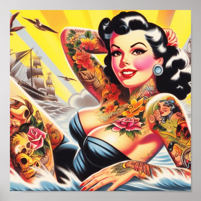 Póster Vintage Beach Tattoo Pinup (Frente)