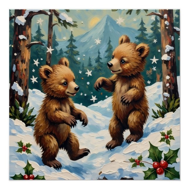 Póster Vintage Bear Cubs Playing in Snowy Christmas (Anverso)