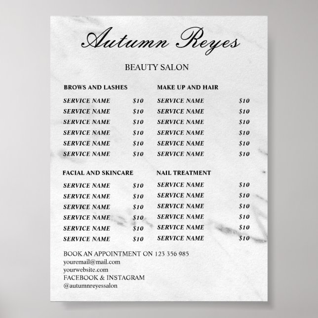 Póster Vintage Beauty Salon Price List (Frente)