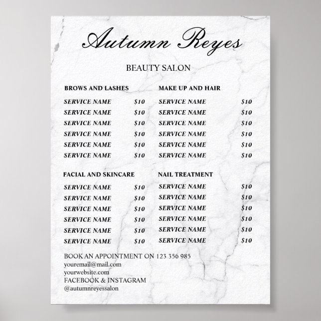 Póster Vintage Beauty Salon Price List (Frente)