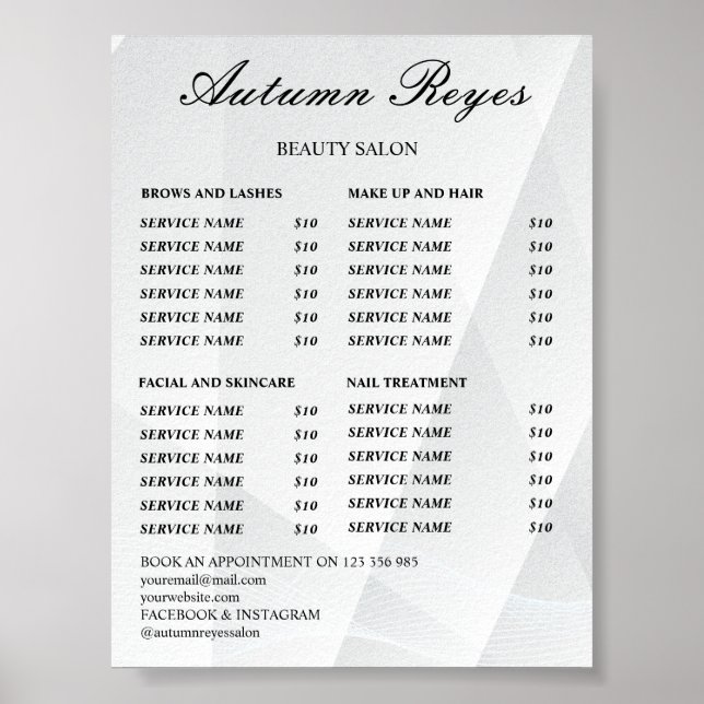 Póster Vintage Beauty Salon Price List (Frente)