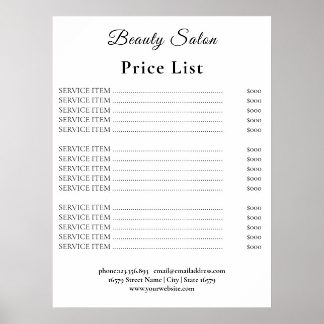 Póster Vintage Beauty Salon Price List (Frente)