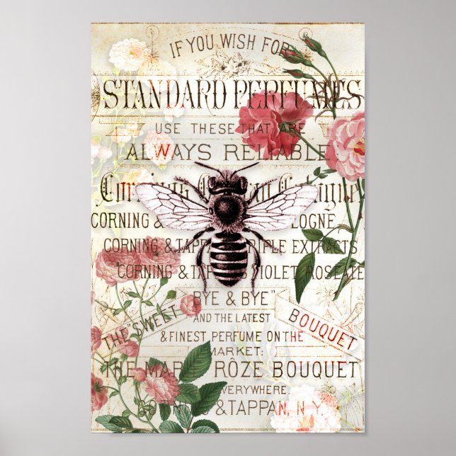 Póster Vintage Bee Rose Bouquet Ephemera (Frente)
