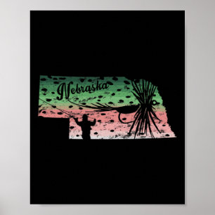 Póster Vintage Big Fly Rainbow Trout Nebraska Map Fly Fis