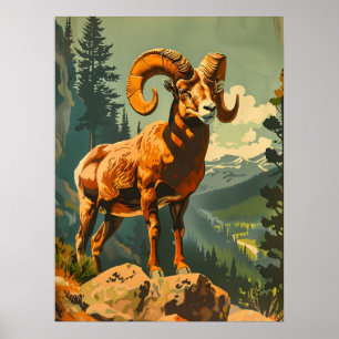 Póster Vintage Bighorn Sheep Ilustracion
