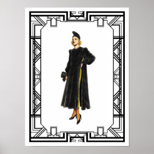 Póster Vintage Black and White Fur Coat Fashion de los añ