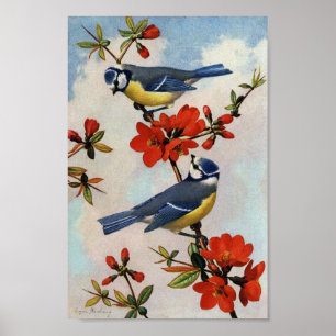 Póster Vintage Bluebirds Rojo Flores Art Print Poster