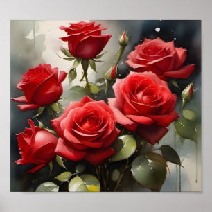 Póster Vintage bonito rojo Rosas acuarela