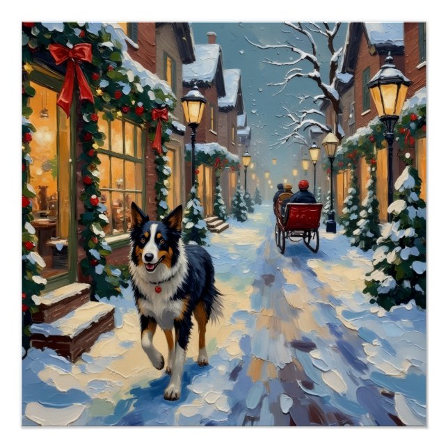Póster Vintage Border Collie Snowy Village Christmas (Anverso)