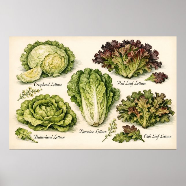 Póster Vintage Botanical Illustration Lettuce Varieties (Frente)