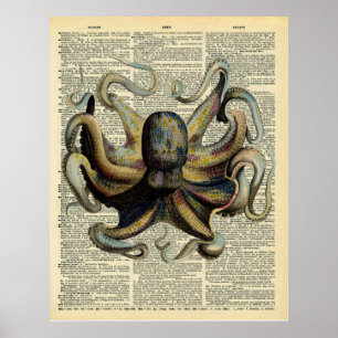Póster Vintage Botanical Octopus Art Dictionary Page