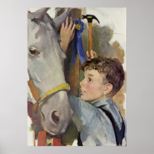 Póster Vintage Boy con su cinta azul ganadora de caballo