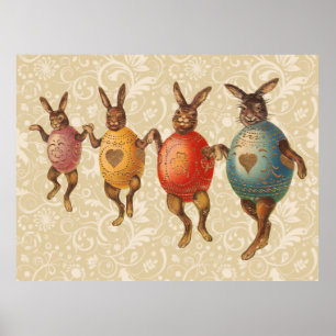 Póster Vintage Bunnies de Pascua bailando con disfraces d