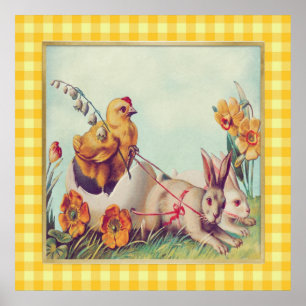 Póster Vintage Bunny and Chick in Buffalo Checks