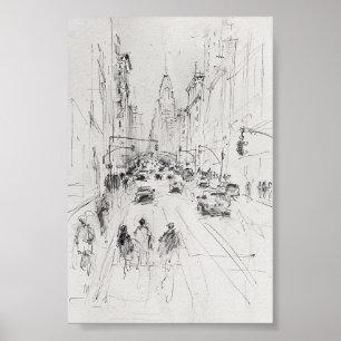 Póster Vintage Busy City Street - Ilustracion urbano
