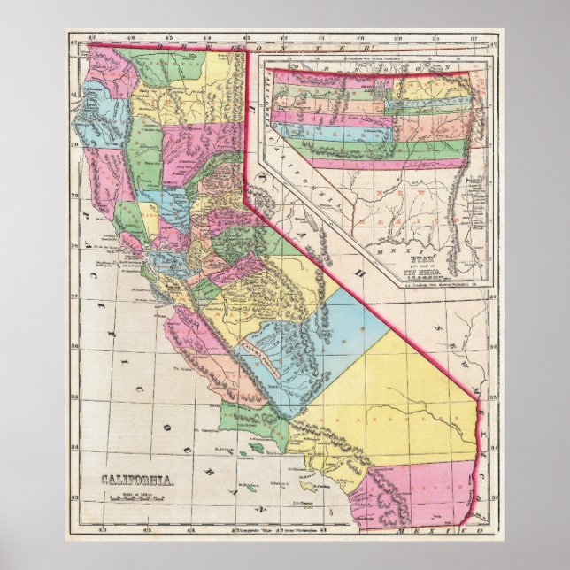 Póster Vintage California Map 1856 (Frente)