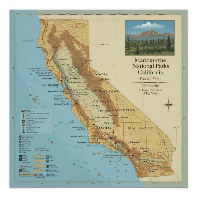Póster Vintage California National Parks Map Art (Anverso)