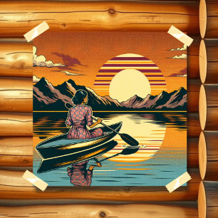 Póster Vintage Camping Scene Woman Kayak