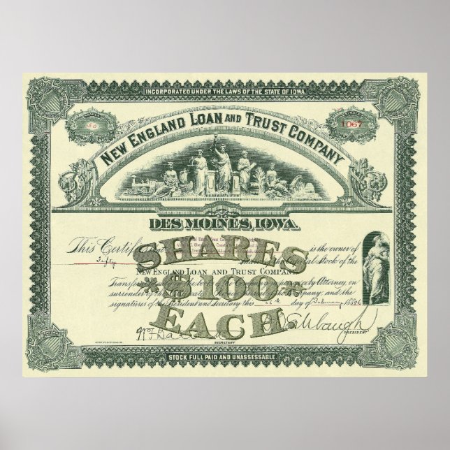Póster Vintage Capital Stock Certificate Business Finance (Frente)