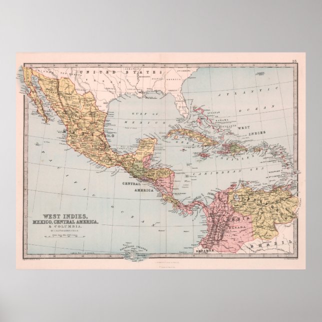 Póster Vintage Caribbean & Latin America Map (1871) (Frente)