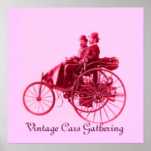 Póster Vintage Cars Gathering ,pink fuchsia red violet