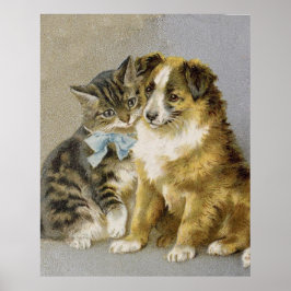 Póster Vintage cat and dog intimate friendship