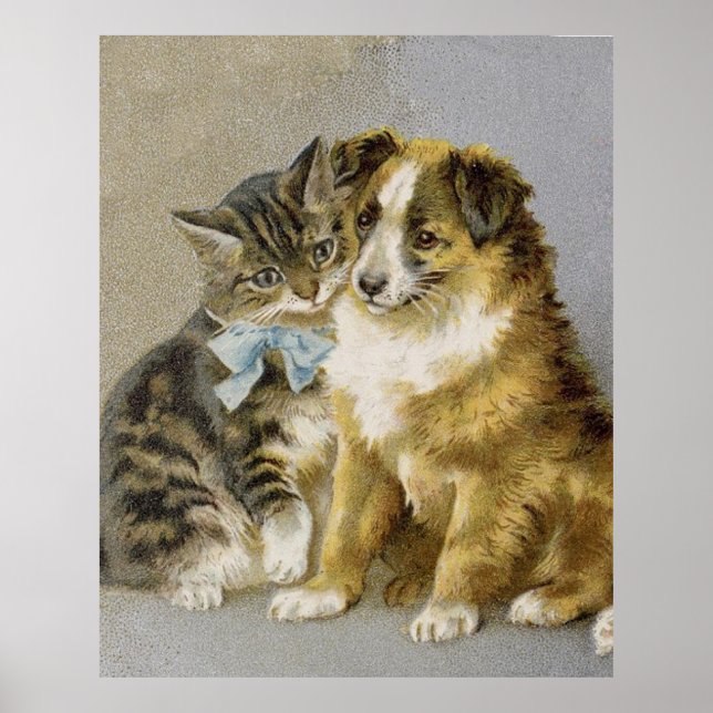 Póster Vintage cat and dog intimate friendship (Frente)