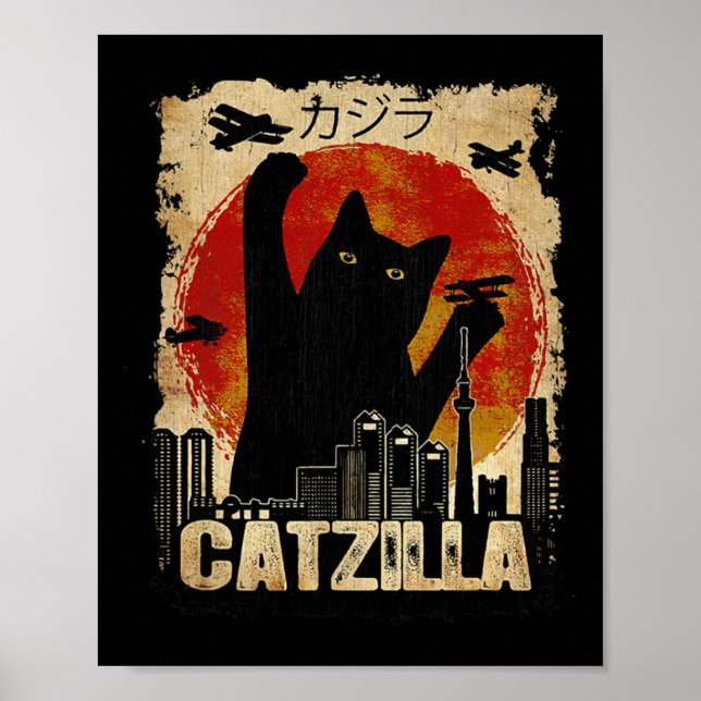 Póster Vintage Catzilla - divertido gatito y gato sudader (Frente)
