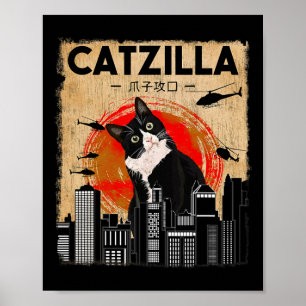Póster Vintage Catzilla Tee - Gracioso Tuxedo Cat Y Kitte