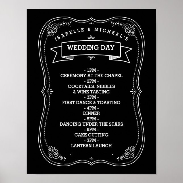 Póster Vintage Chalkboard Wedding Day of Schedule (Frente)