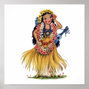 Póster Vintage Chica hawaiano vestido con traje hula