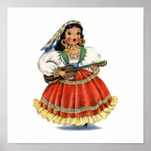 Póster Vintage Chica Mexicano Vestido Tradicional
