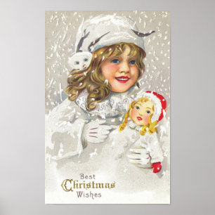 Póster Vintage Chica victoriano de Navidad con muñeca en 