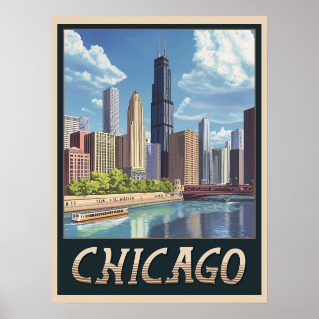Póster Vintage Chicago City Skyline (Frente)