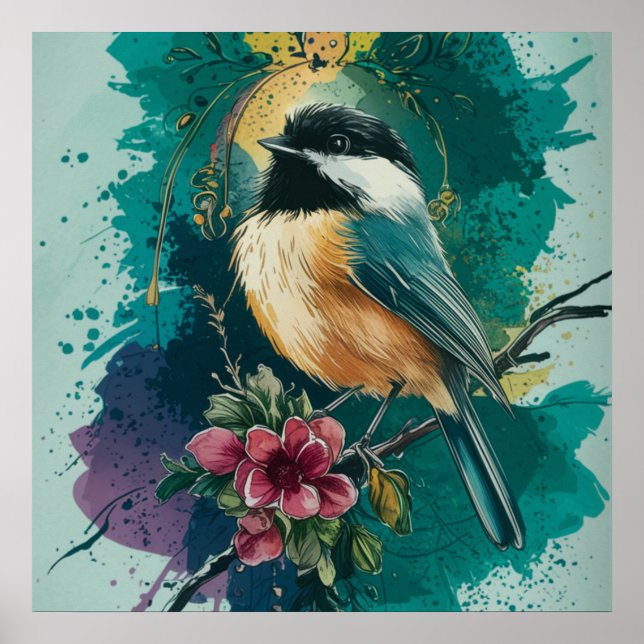 Póster Vintage Chickadee Splendor - Verde azulado (Frente)