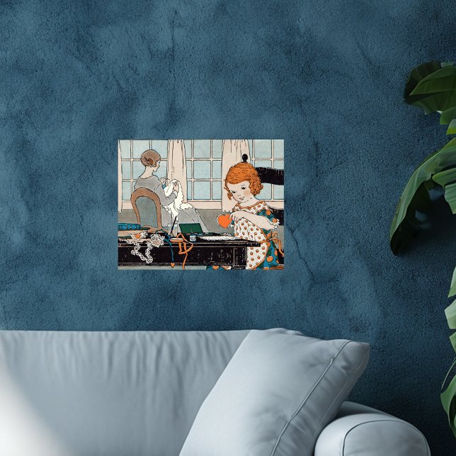 Póster Vintage Child Chica Valentine para madre (Little red haired girl making paper hearts for mother sitting in chair sewing on wall art poster.)