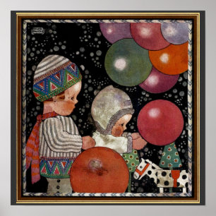 Póster Vintage Children Birthday Party, Balloons and Toys