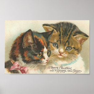 Póster Vintage Christmas and New Year Cats